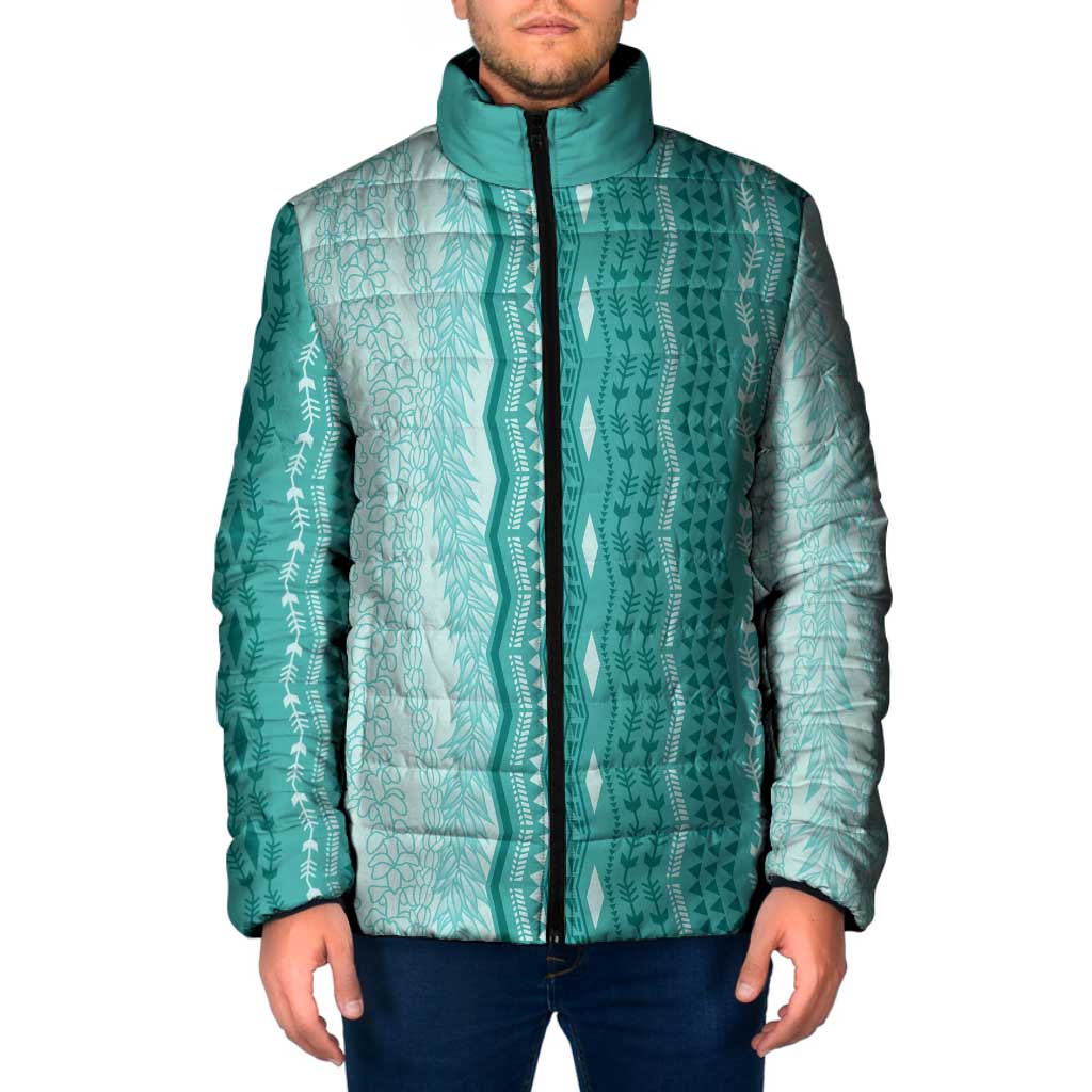 Vintage Teal Hawaiian Traditional Kapa Mix Flowers Lei Padded Jacket