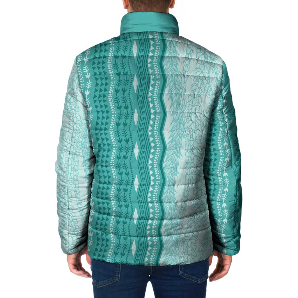 Vintage Teal Hawaiian Traditional Kapa Mix Flowers Lei Padded Jacket