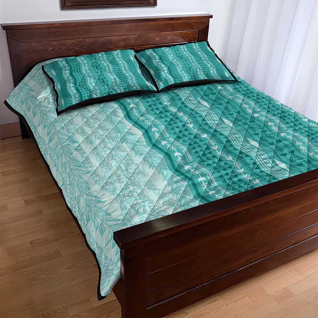 Vintage Teal Hawaiian Traditional Kapa Mix Flowers Lei Quilt Bed Set