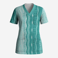 Vintage Teal Hawaiian Traditional Kapa Mix Flowers Lei Scrub Top