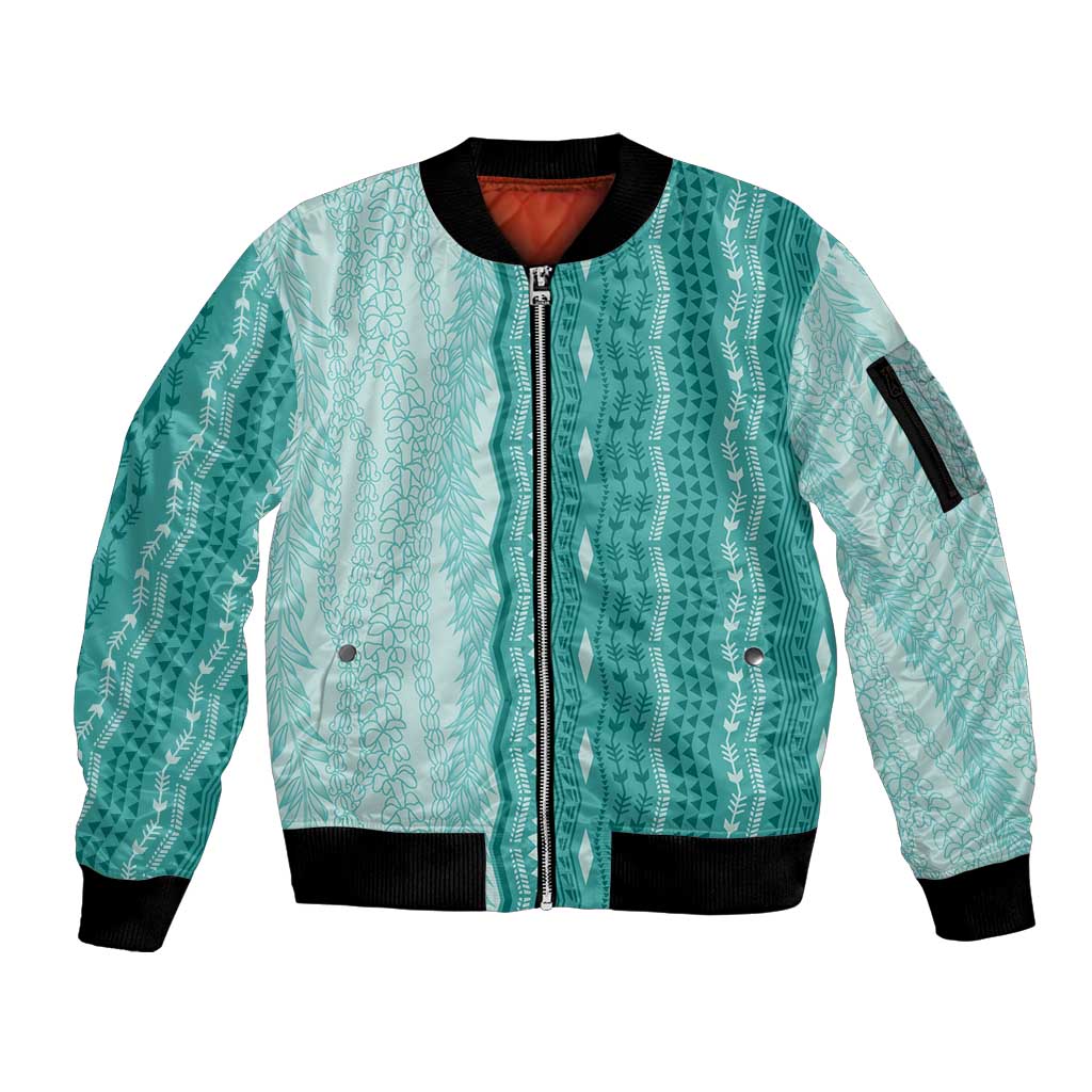 Vintage Teal Hawaiian Traditional Kapa Mix Flowers Lei Sleeve Zip Bomber Jacket LT7 Unisex Teal - Polynesian Pride