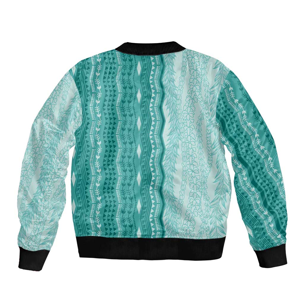 Vintage Teal Hawaiian Traditional Kapa Mix Flowers Lei Sleeve Zip Bomber Jacket LT7 - Polynesian Pride