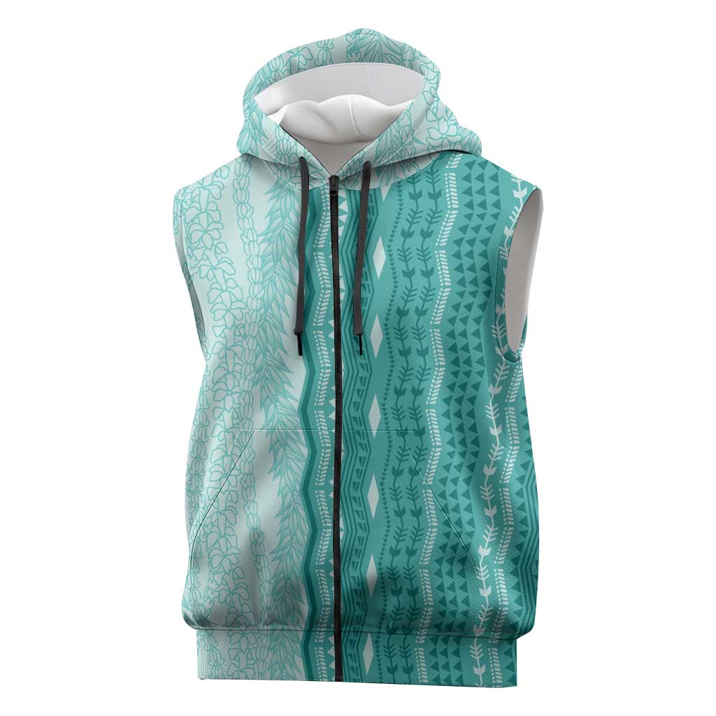 Vintage Teal Hawaiian Traditional Kapa Mix Flowers Lei Sleeveless Zip Hoodie LT7 Teal - Polynesian Pride