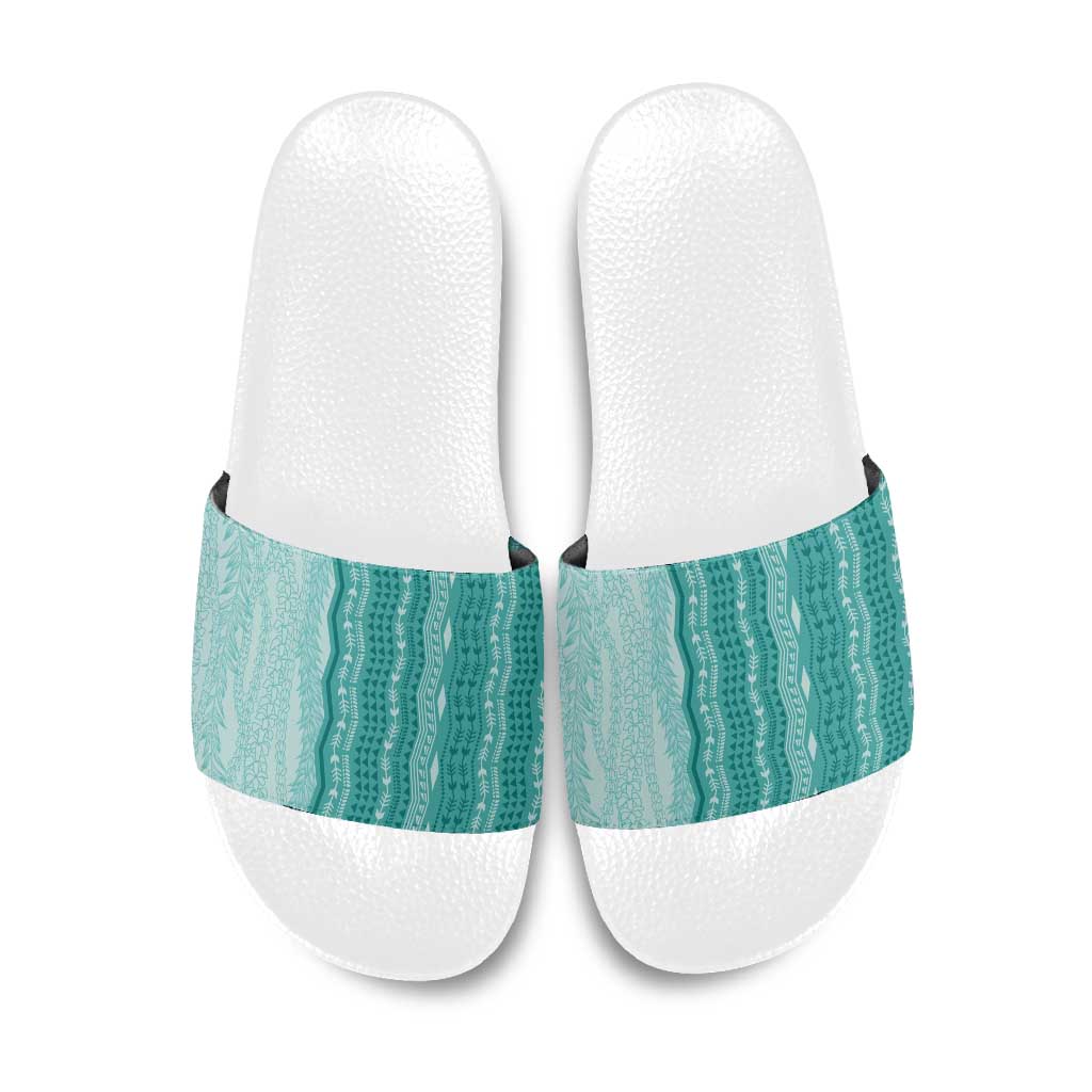 Vintage Teal Hawaiian Traditional Kapa Mix Flowers Lei Slide Sandals