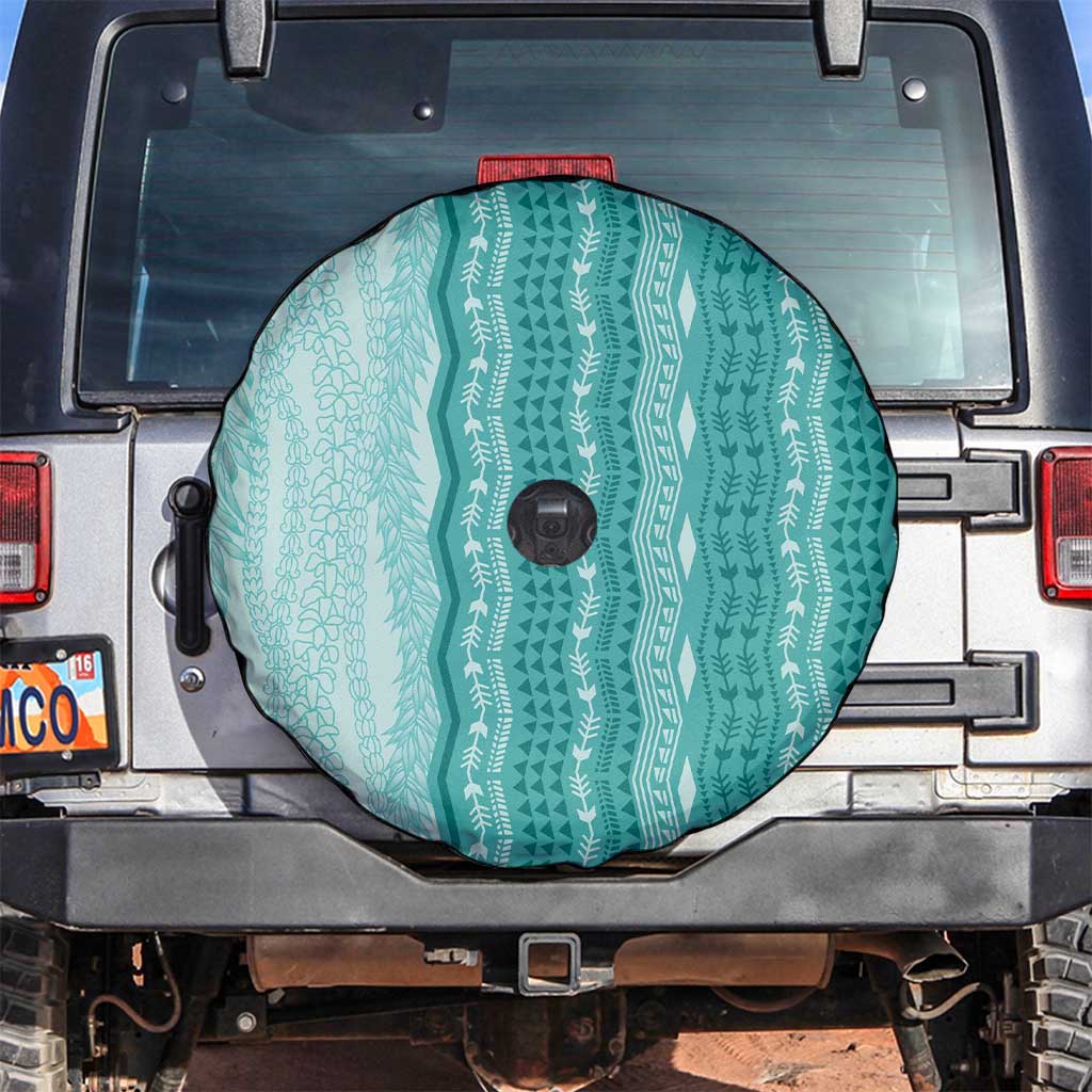 Vintage Teal Hawaiian Traditional Kapa Mix Flowers Lei Spare Tire Cover