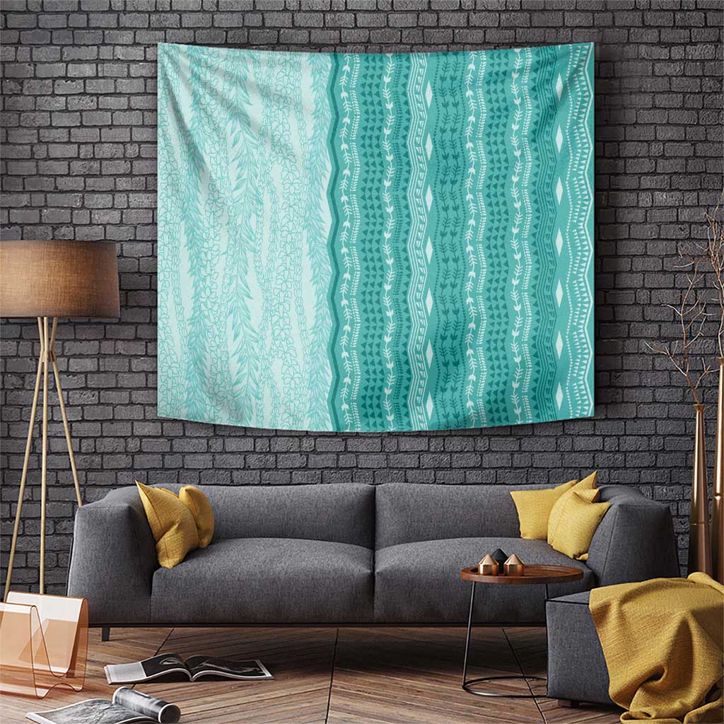 Vintage Teal Hawaiian Traditional Kapa Mix Flowers Lei Tapestry