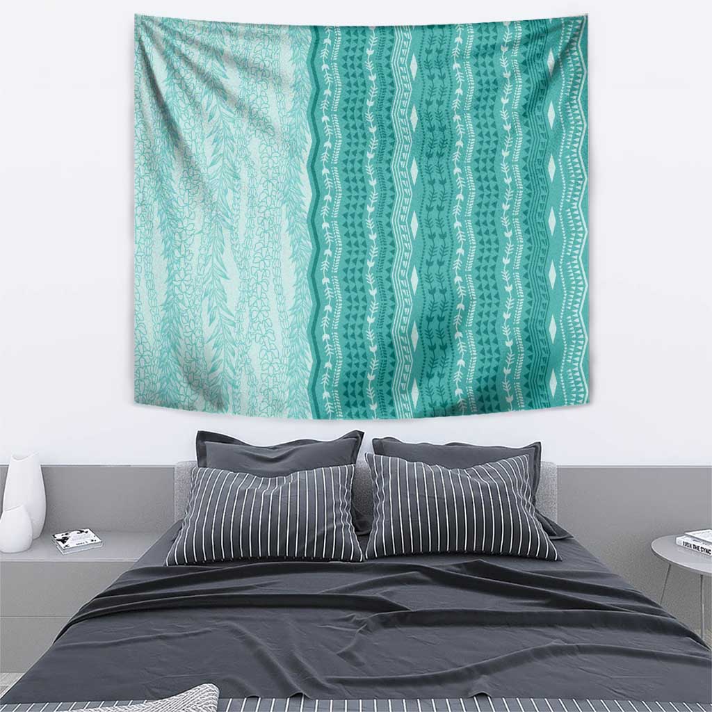 Vintage Teal Hawaiian Traditional Kapa Mix Flowers Lei Tapestry