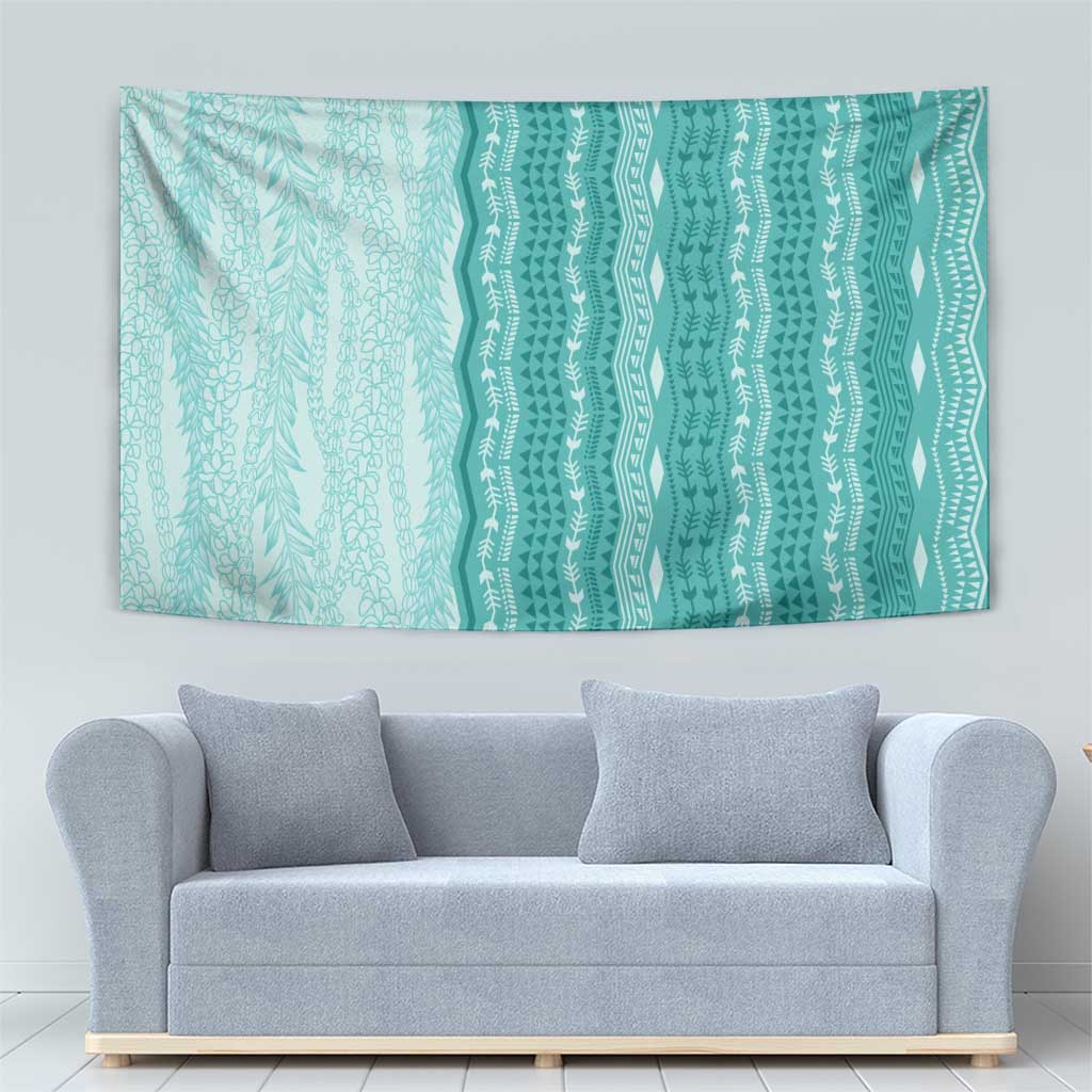 Vintage Teal Hawaiian Traditional Kapa Mix Flowers Lei Tapestry