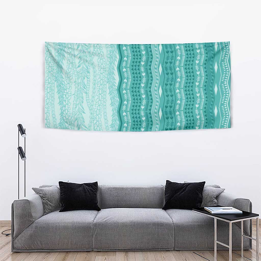 Vintage Teal Hawaiian Traditional Kapa Mix Flowers Lei Tapestry