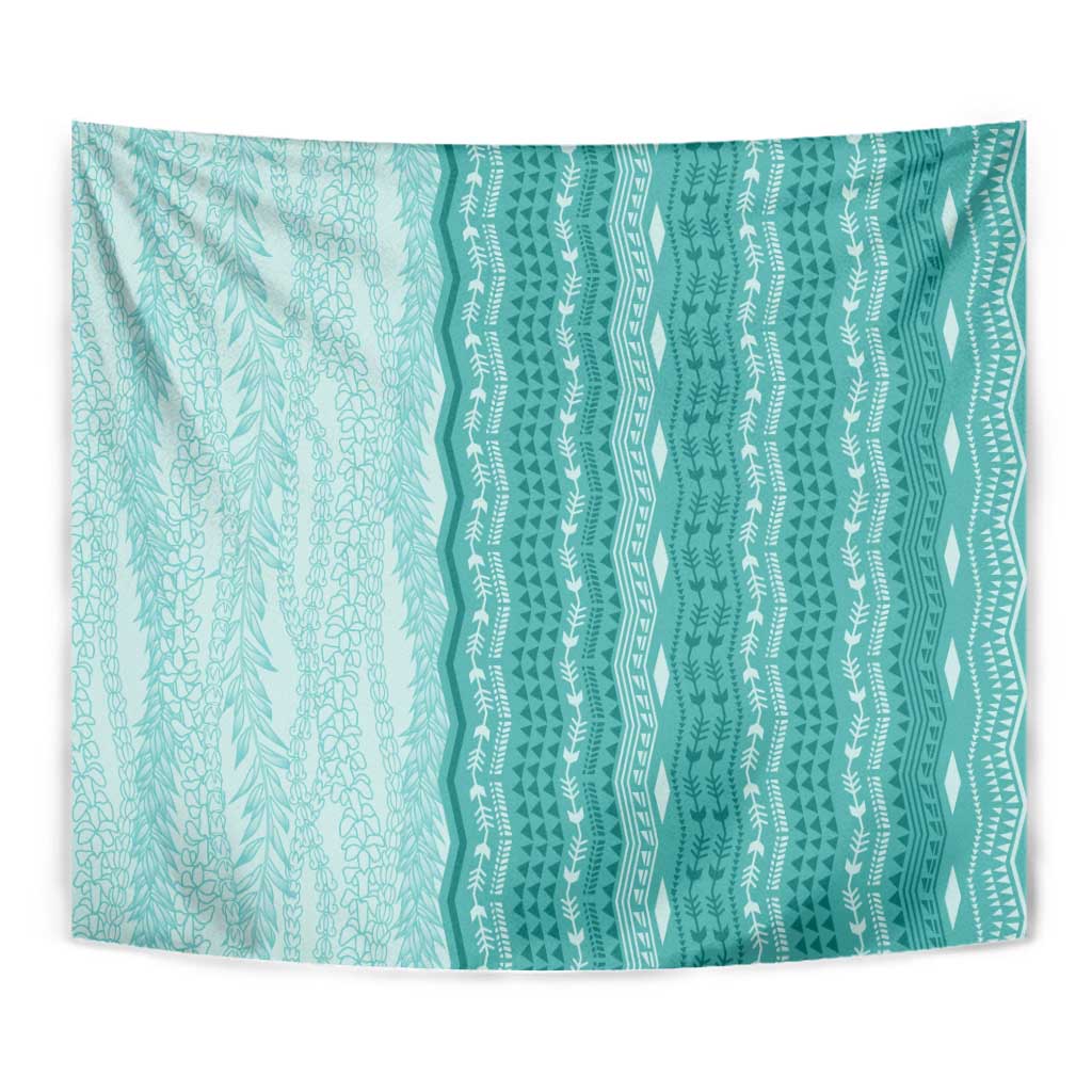 Vintage Teal Hawaiian Traditional Kapa Mix Flowers Lei Tapestry