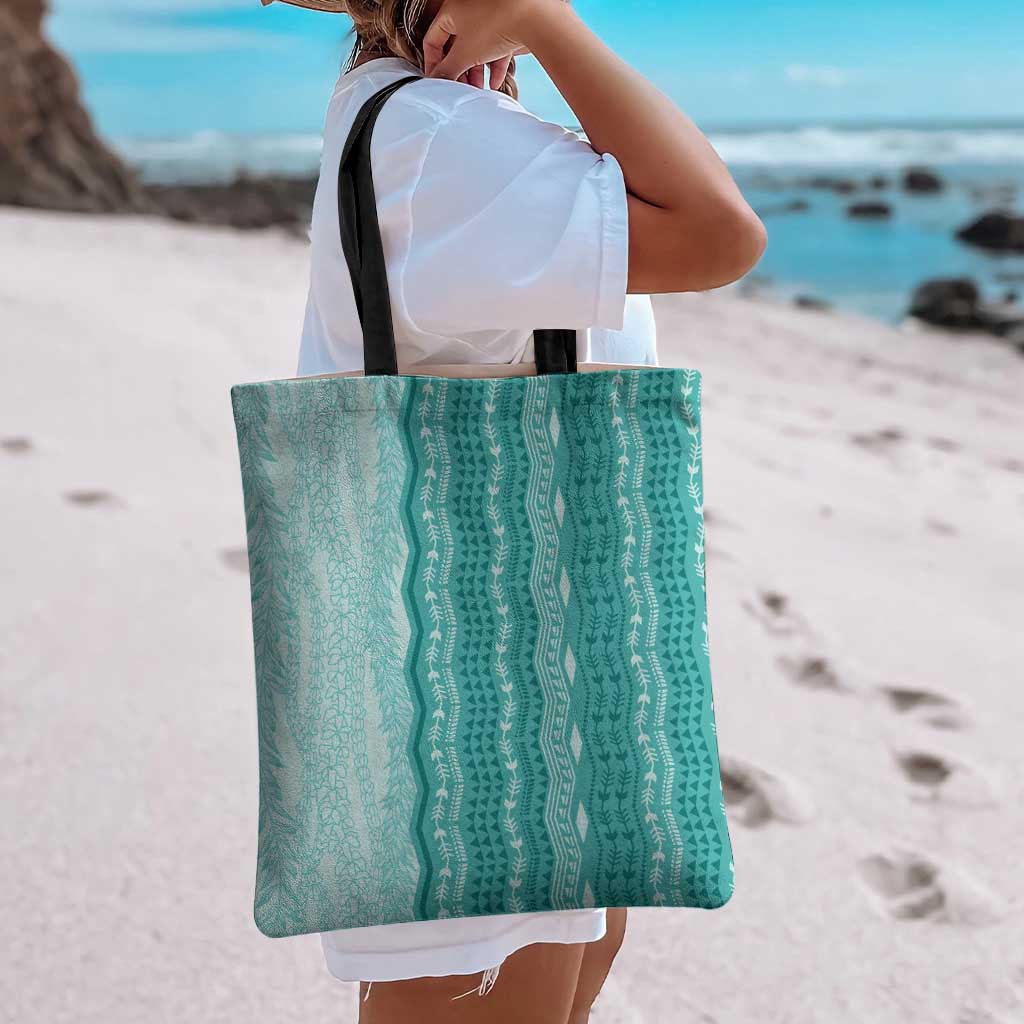 Vintage Teal Hawaiian Traditional Kapa Mix Flowers Lei Tote Bag