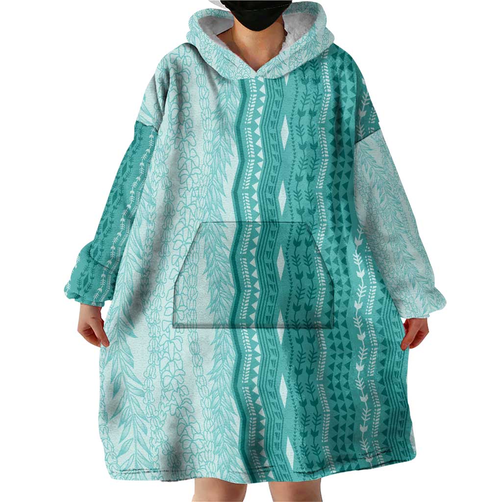 Vintage Teal Hawaiian Traditional Kapa Mix Flowers Lei Wearable Blanket Hoodie