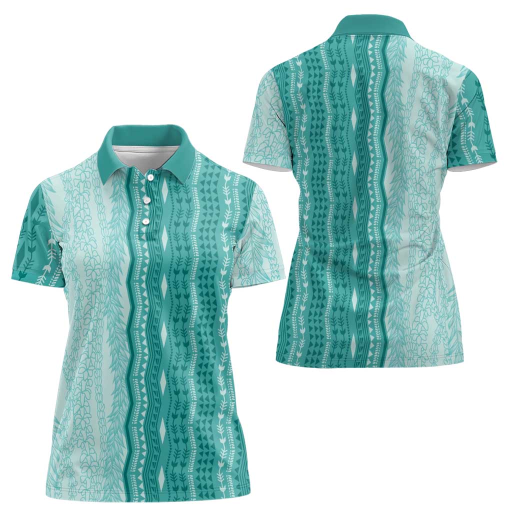 Vintage Teal Hawaiian Traditional Kapa Mix Flowers Lei Women Polo Shirt