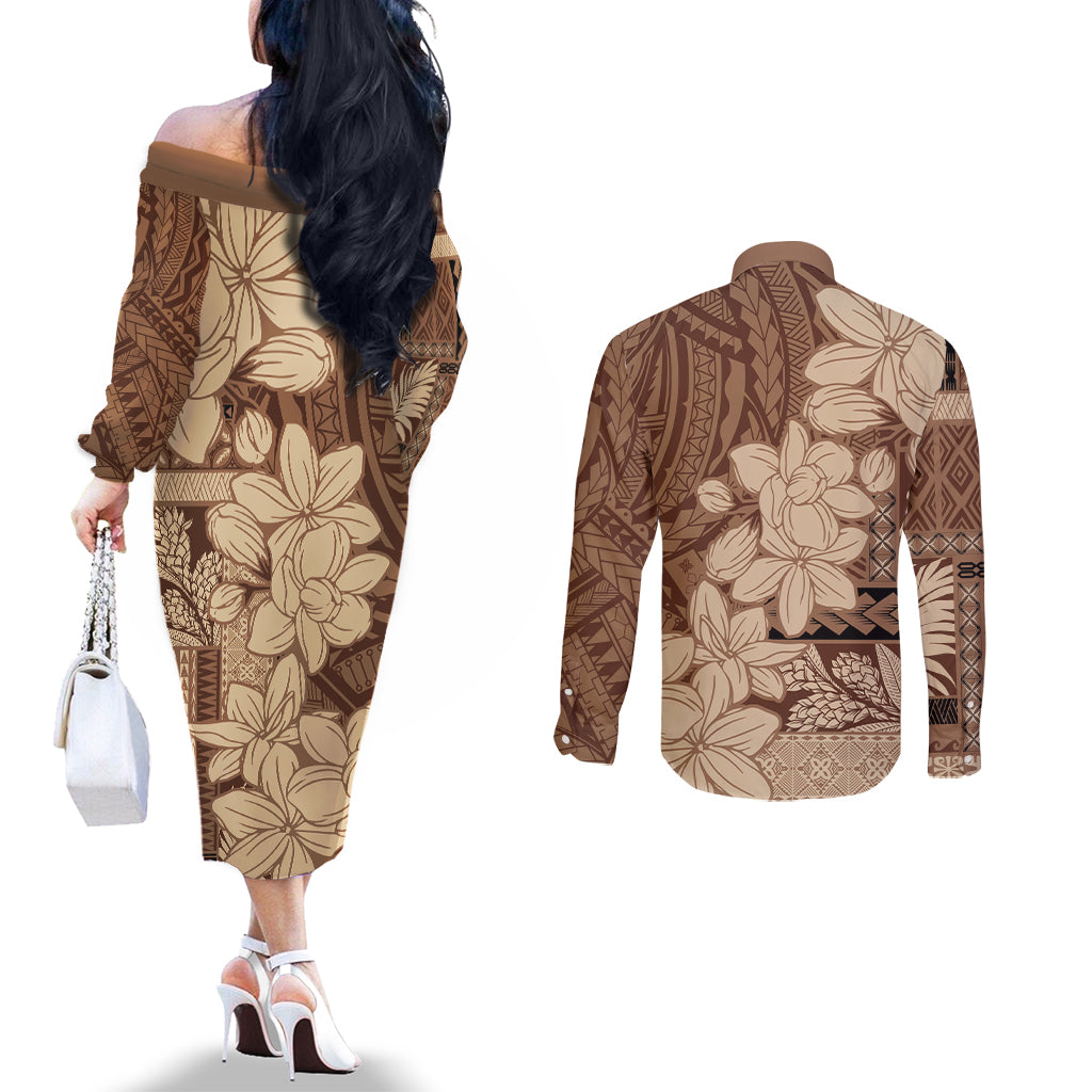 Samoa Women's Day Couples Matching Off The Shoulder Long Sleeve Dress and Long Sleeve Button Shirt Tiale Flower Mix Siapo Tapa LT7 - Polynesian Pride