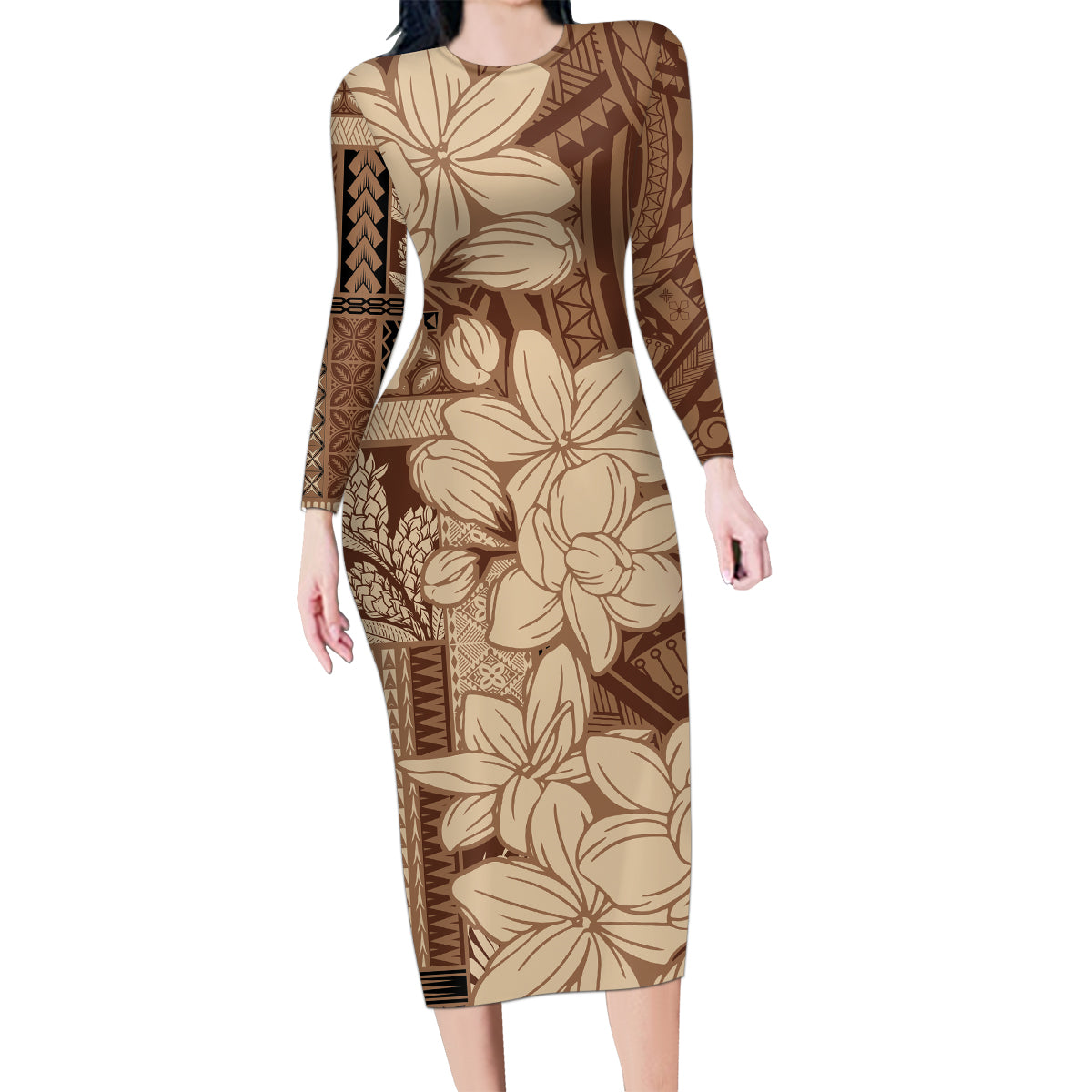 Samoa Women's Day Family Matching Long Sleeve Bodycon Dress and Hawaiian Shirt Tiale Flower Mix Siapo Tapa LT7 Mom's Dress Beige - Polynesian Pride