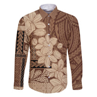 Samoa Women's Day Family Matching Mermaid Dress and Hawaiian Shirt Tiale Flower Mix Siapo Tapa LT7 Dad's Shirt - Long Sleeve Beige - Polynesian Pride