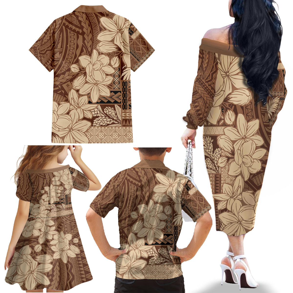 Samoa Women's Day Family Matching Off Shoulder Long Sleeve Dress and Hawaiian Shirt Tiale Flower Mix Siapo Tapa LT7 - Polynesian Pride