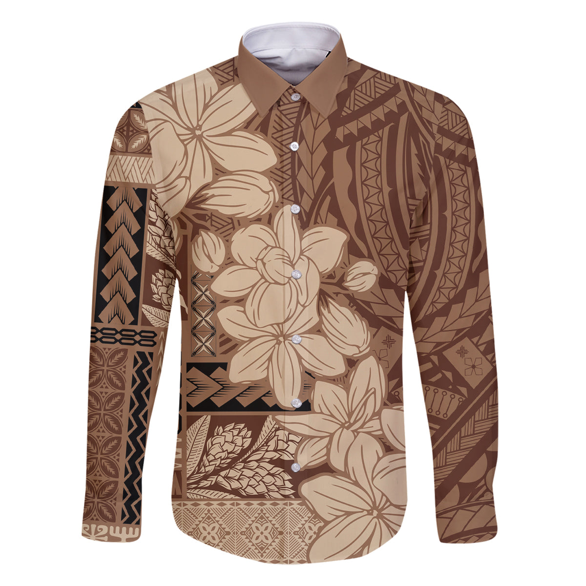 Samoa Women's Day Family Matching Off Shoulder Long Sleeve Dress and Hawaiian Shirt Tiale Flower Mix Siapo Tapa LT7 Dad's Shirt - Long Sleeve Beige - Polynesian Pride