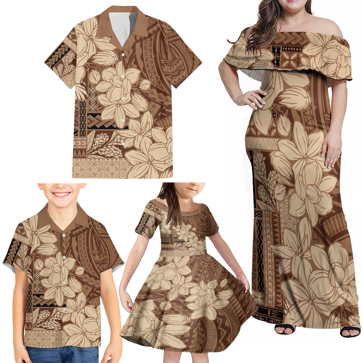 Samoa Women's Day Family Matching Off Shoulder Maxi Dress and Hawaiian Shirt Tiale Flower Mix Siapo Tapa LT7 - Polynesian Pride