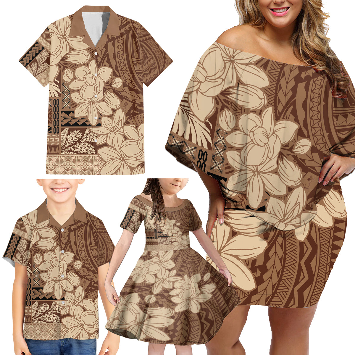 Samoa Women's Day Family Matching Off Shoulder Short Dress and Hawaiian Shirt Tiale Flower Mix Siapo Tapa LT7 - Polynesian Pride