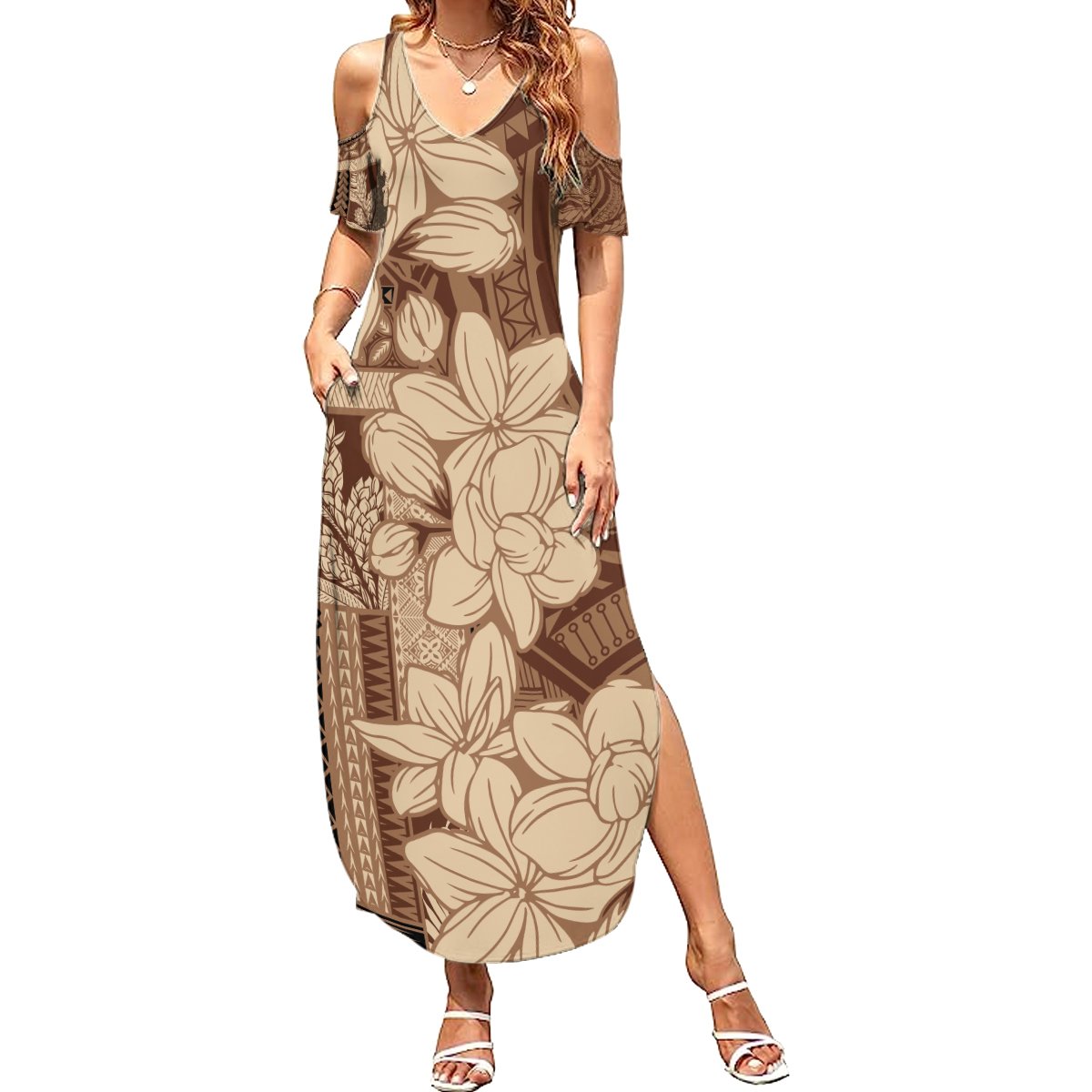 Samoa Women's Day Summer Maxi Dress - Tiale Flower Mix Siapo Tapa LT7 Women Beige - Polynesian Pride