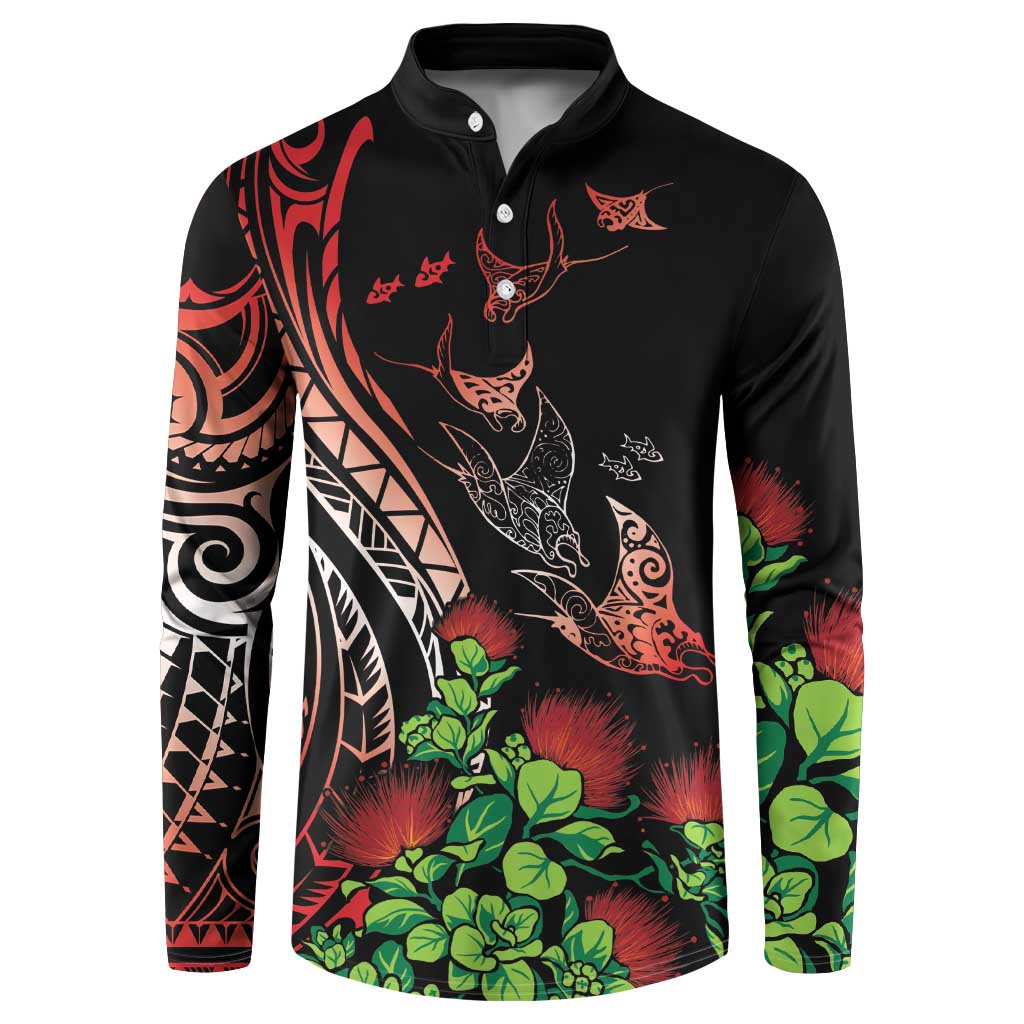 Aloha Hawaii Manta Rays Button Sweatshirt Red Ohia Lehua