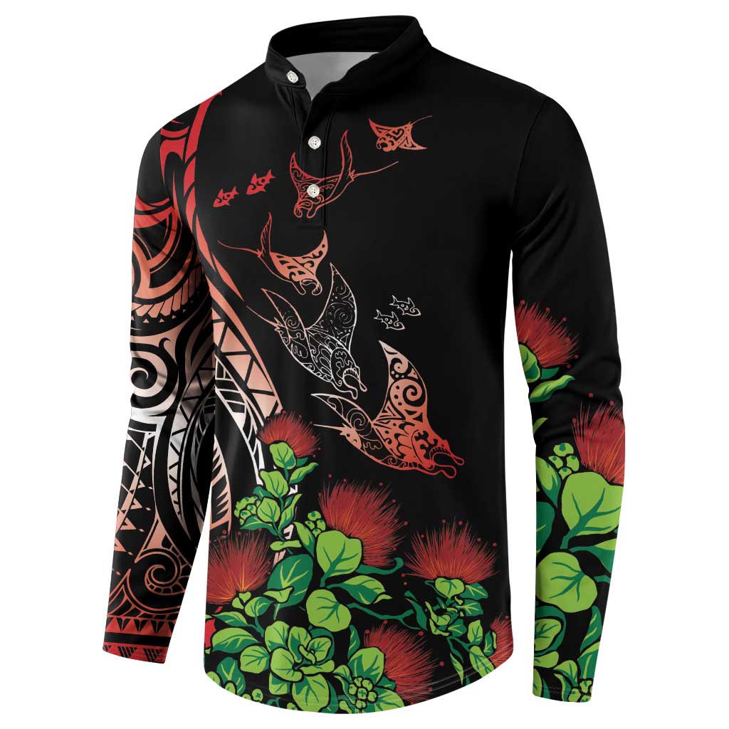 Aloha Hawaii Manta Rays Button Sweatshirt Red Ohia Lehua