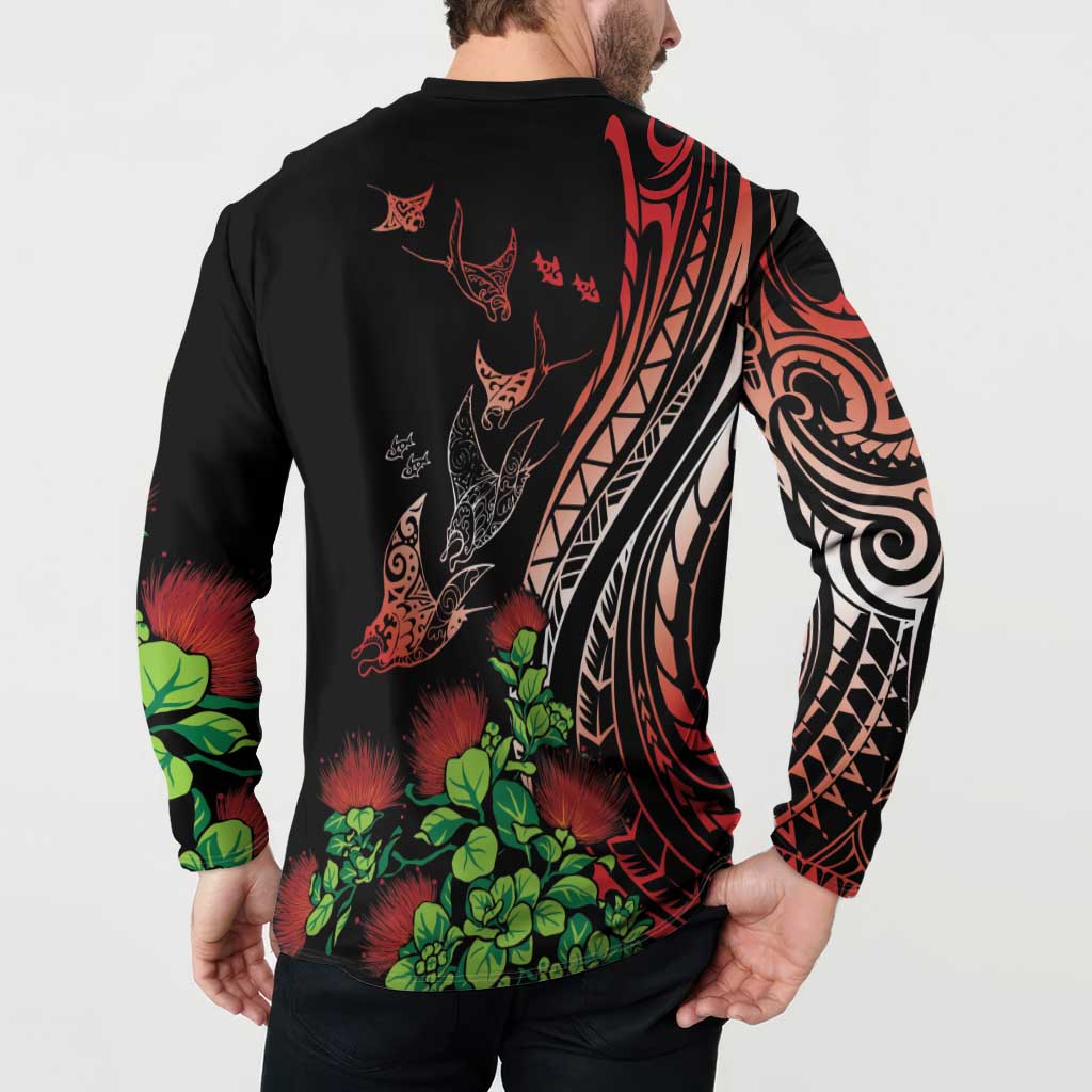 Aloha Hawaii Manta Rays Button Sweatshirt Red Ohia Lehua