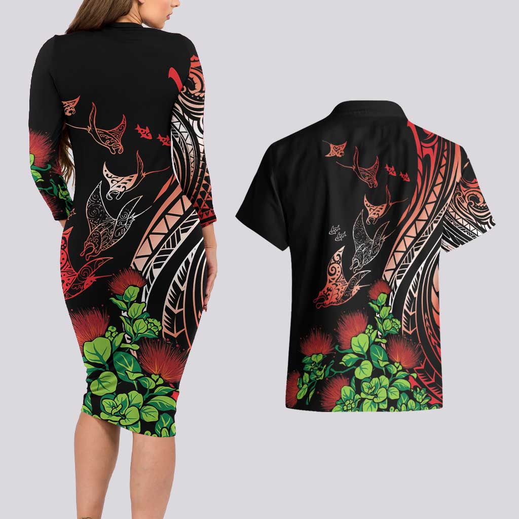 Aloha Hawaii Manta Rays Couples Matching Long Sleeve Bodycon Dress and Hawaiian Shirt Red Ohia Lehua