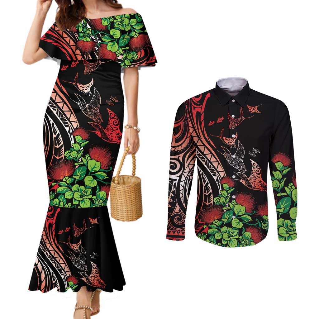 Aloha Hawaii Manta Rays Couples Matching Mermaid Dress and Long Sleeve Button Shirt Red Ohia Lehua