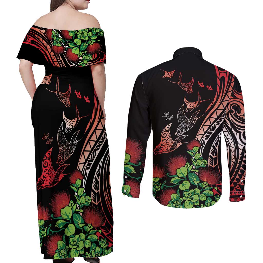 Aloha Hawaii Manta Rays Couples Matching Off Shoulder Maxi Dress and Long Sleeve Button Shirt Red Ohia Lehua