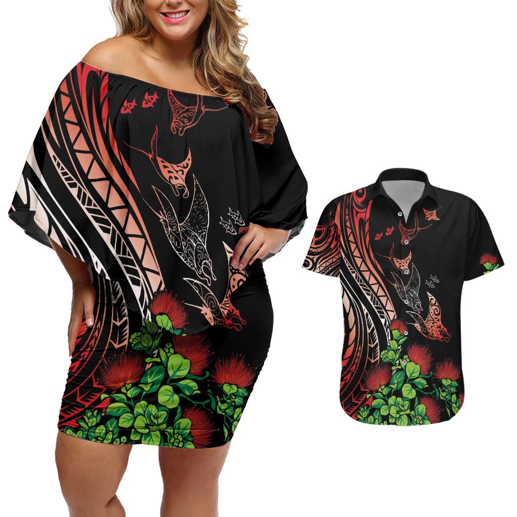 Aloha Hawaii Manta Rays Couples Matching Off Shoulder Short Dress and Hawaiian Shirt Red Ohia Lehua