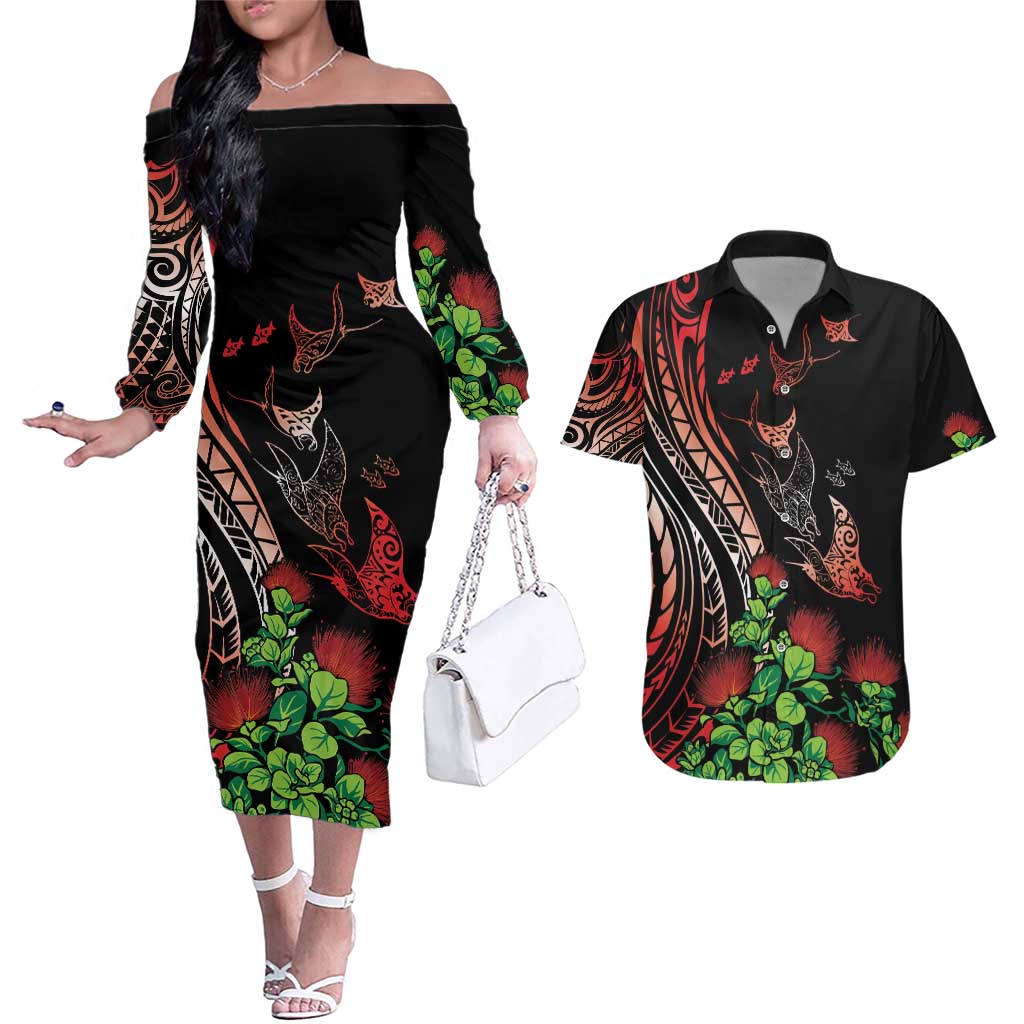 Aloha Hawaii Manta Rays Couples Matching Off The Shoulder Long Sleeve Dress and Hawaiian Shirt Red Ohia Lehua