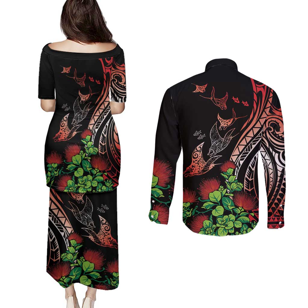 Aloha Hawaii Manta Rays Couples Matching Puletasi and Long Sleeve Button Shirt Red Ohia Lehua