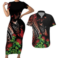 Aloha Hawaii Manta Rays Couples Matching Short Sleeve Bodycon Dress and Hawaiian Shirt Red Ohia Lehua