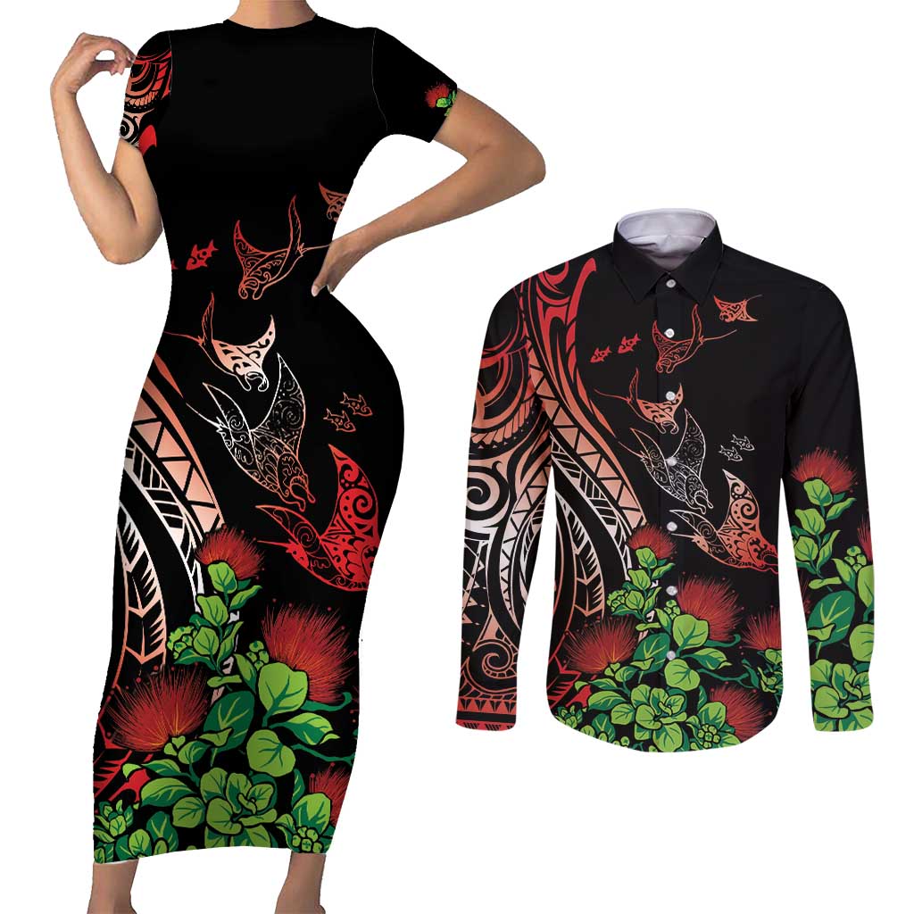 Aloha Hawaii Manta Rays Couples Matching Short Sleeve Bodycon Dress and Long Sleeve Button Shirt Red Ohia Lehua