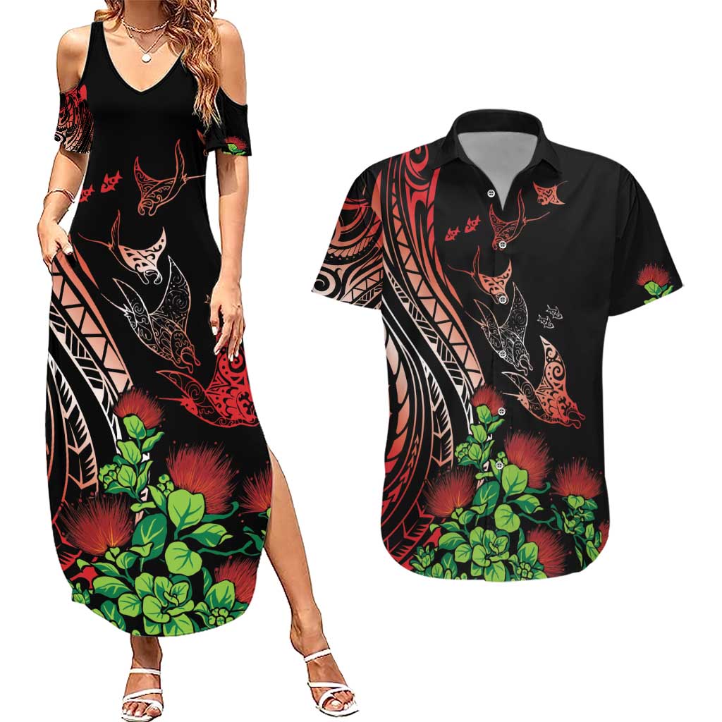Aloha Hawaii Manta Rays Couples Matching Summer Maxi Dress and Hawaiian Shirt Red Ohia Lehua