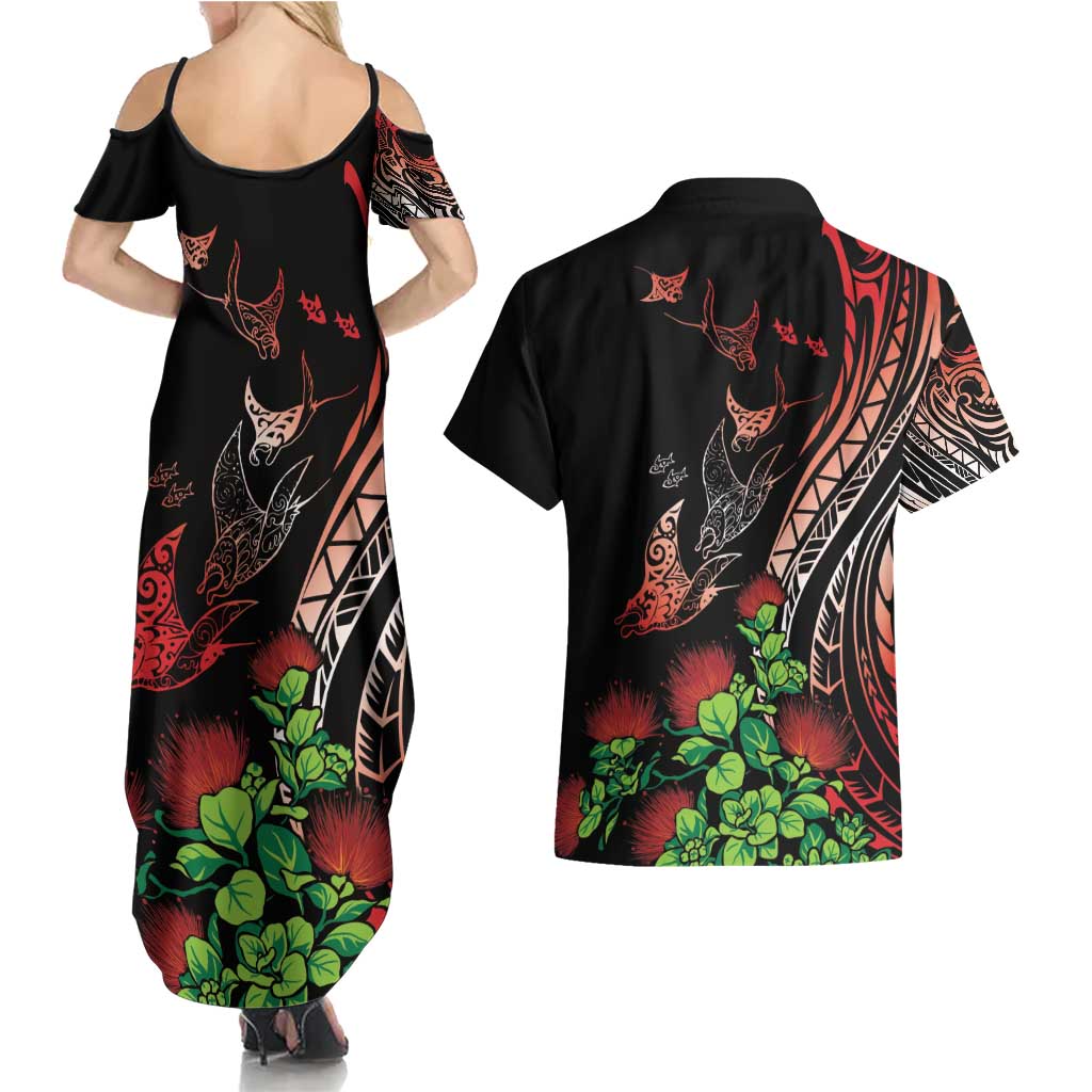 Aloha Hawaii Manta Rays Couples Matching Summer Maxi Dress and Hawaiian Shirt Red Ohia Lehua