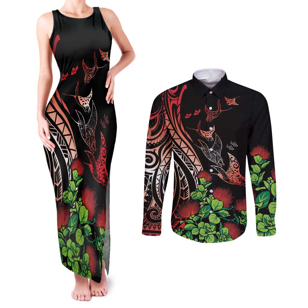 Aloha Hawaii Manta Rays Couples Matching Tank Maxi Dress and Long Sleeve Button Shirt Red Ohia Lehua