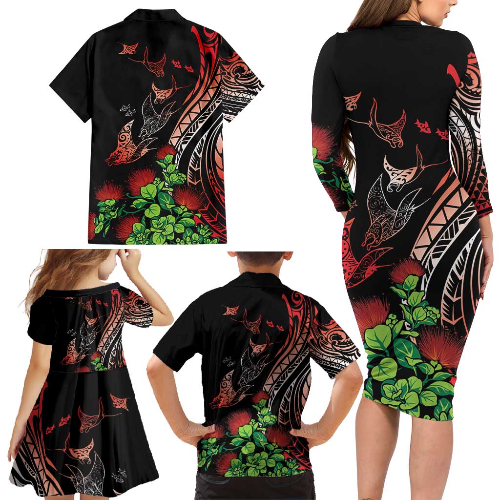 Aloha Hawaii Manta Rays Family Matching Long Sleeve Bodycon Dress and Hawaiian Shirt Red Ohia Lehua