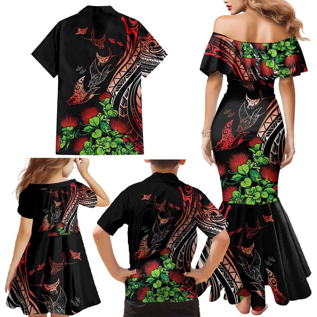 Aloha Hawaii Manta Rays Family Matching Mermaid Dress and Hawaiian Shirt Red Ohia Lehua