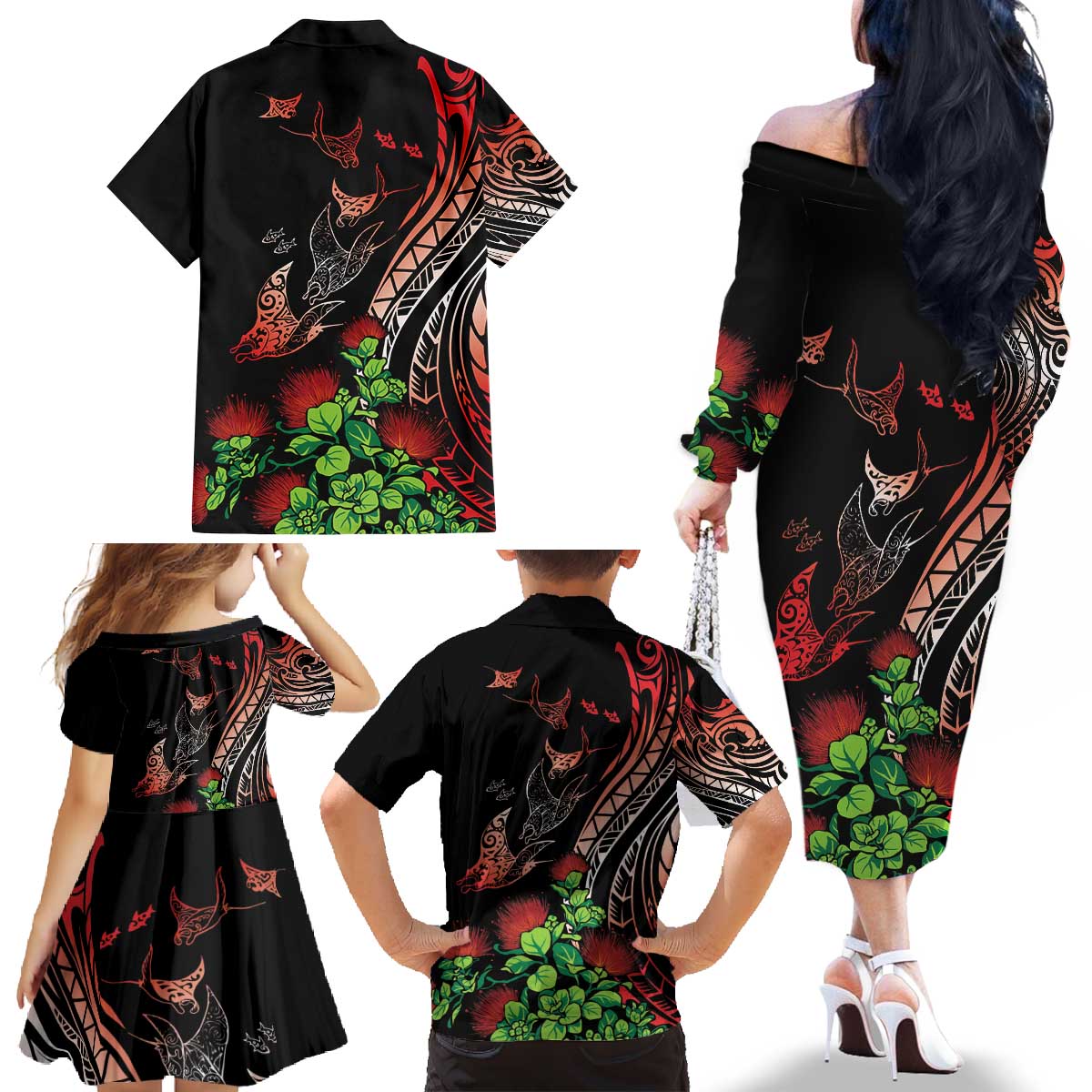 Aloha Hawaii Manta Rays Family Matching Off The Shoulder Long Sleeve Dress and Hawaiian Shirt Red Ohia Lehua