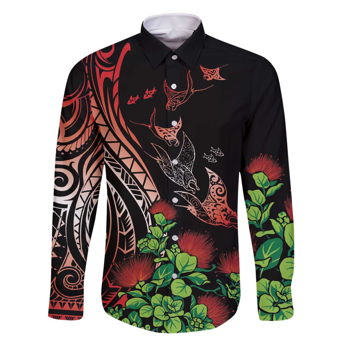 Aloha Hawaii Manta Rays Family Matching Off The Shoulder Long Sleeve Dress and Hawaiian Shirt Red Ohia Lehua