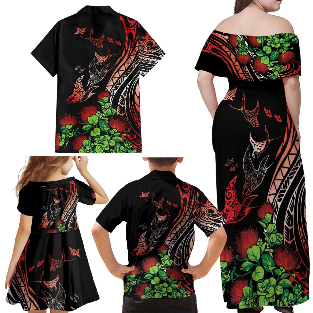 Aloha Hawaii Manta Rays Family Matching Off Shoulder Maxi Dress and Hawaiian Shirt Red Ohia Lehua