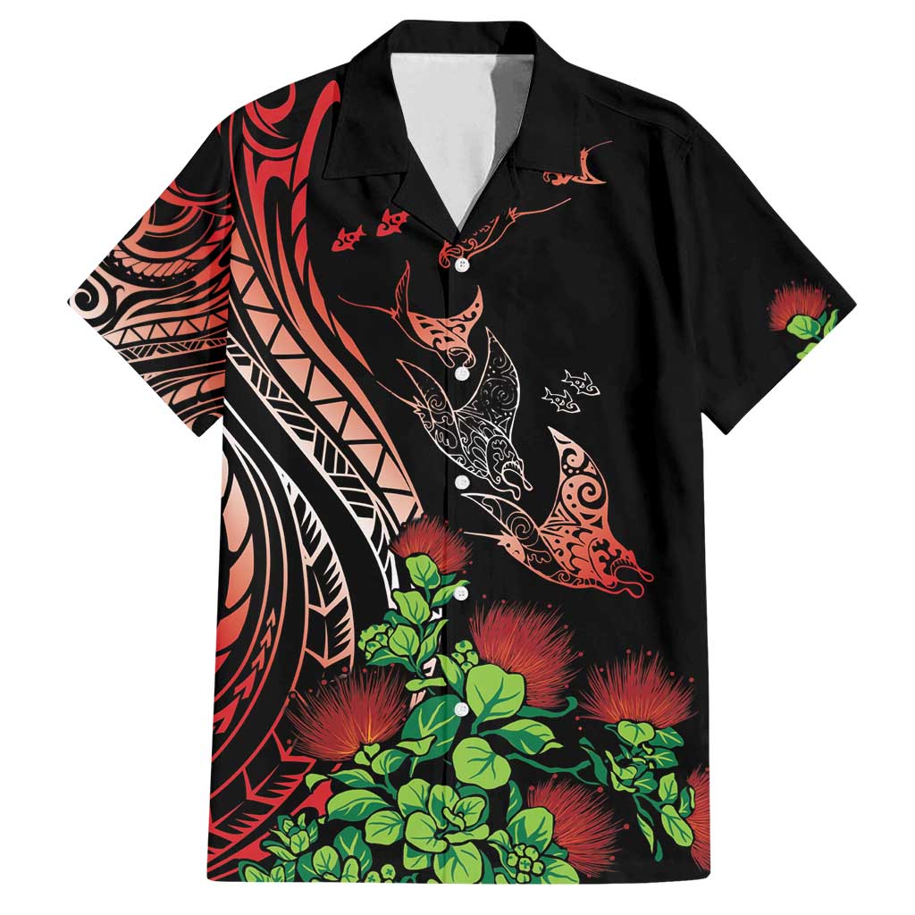 Aloha Hawaii Manta Rays Family Matching Off Shoulder Maxi Dress and Hawaiian Shirt Red Ohia Lehua