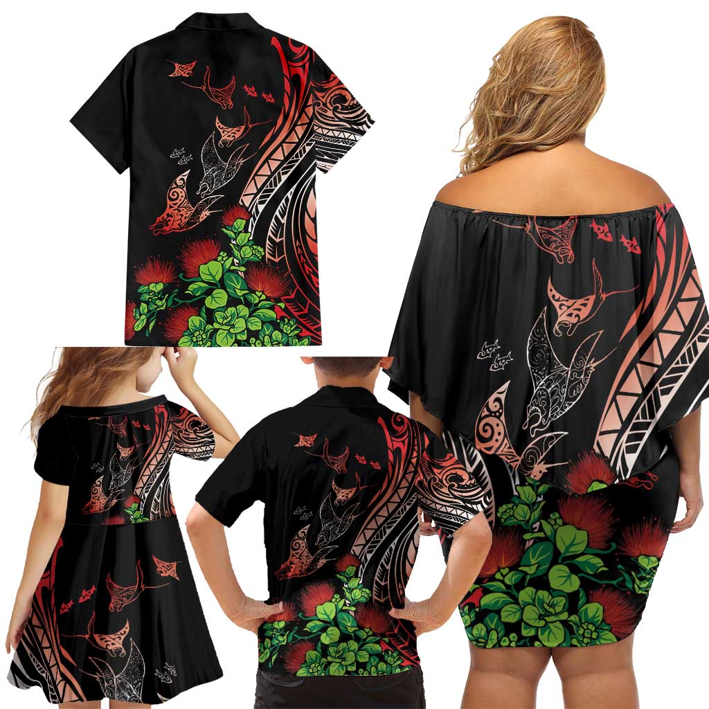 Aloha Hawaii Manta Rays Family Matching Off Shoulder Short Dress and Hawaiian Shirt Red Ohia Lehua
