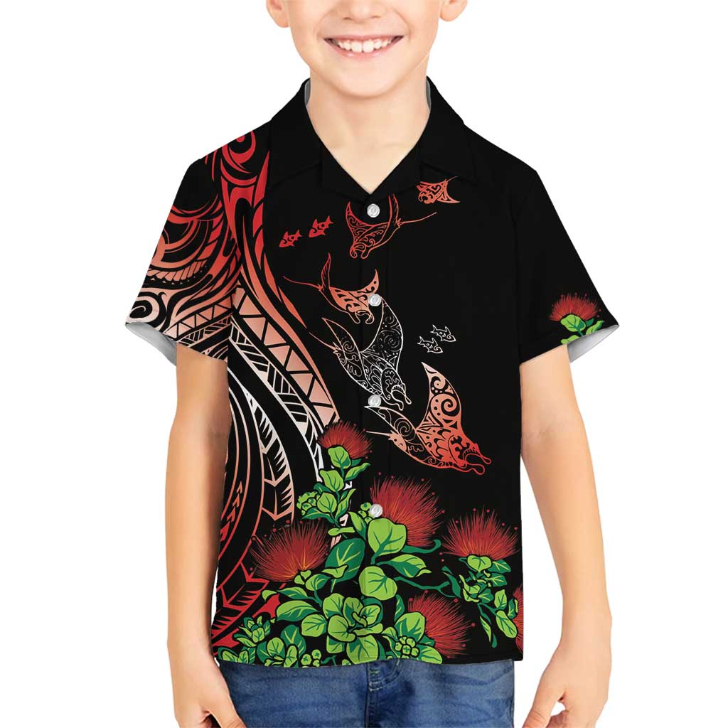 Aloha Hawaii Manta Rays Family Matching Off Shoulder Short Dress and Hawaiian Shirt Red Ohia Lehua