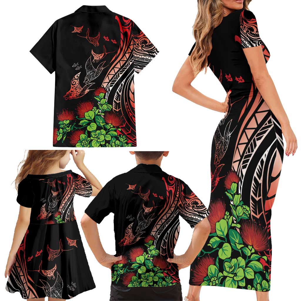 Aloha Hawaii Manta Rays Family Matching Short Sleeve Bodycon Dress and Hawaiian Shirt Red Ohia Lehua