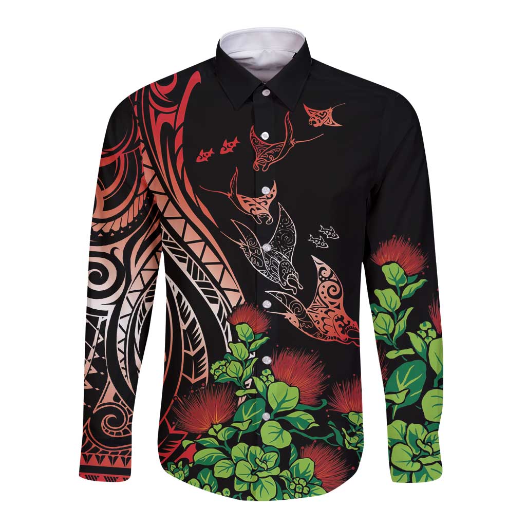 Aloha Hawaii Manta Rays Long Sleeve Button Shirt Red Ohia Lehua