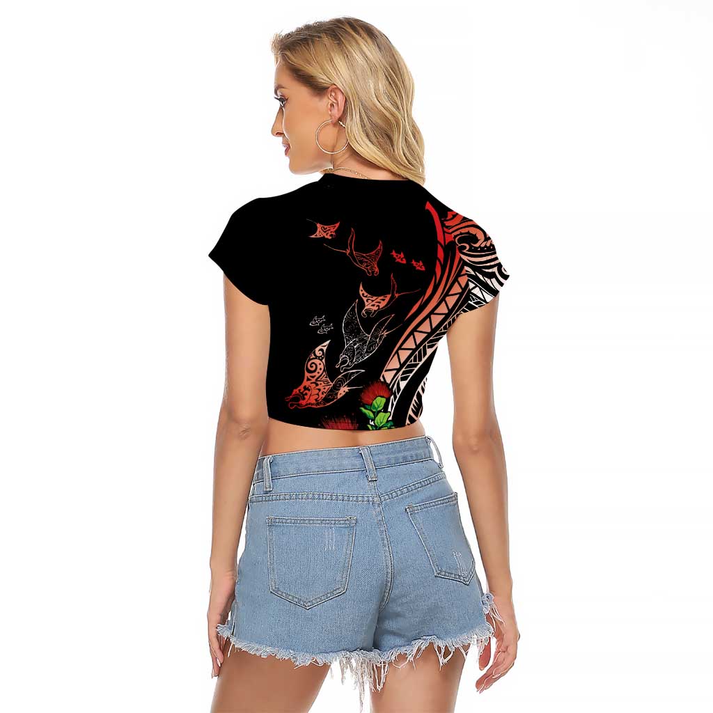 Aloha Hawaii Manta Rays Raglan Cropped T Shirt Red Ohia Lehua